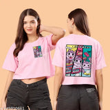 A cropped, sleeveless T-shirt with oversized half sleeve print in a vibrant color featuring characters from the anime 'Monster' on it