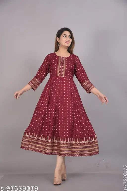 Red printed rayon unstitched kameez with side slits, 3/4 sleeves