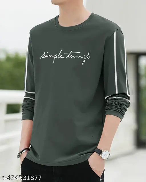 White, pure cotton men's regular fit printed round neck t-shirt with full sleeves, India origin