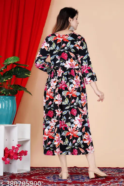 Rayon three-quarter sleeve printed Anarkali kurtis for women, Indian ethnic wear in stylish prints and sizes S to 5XL