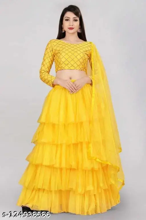 Silk blend ruffle net Lehenga Choli with embroidered top and lace dupatta, Indian traditional fashion for festivals and weddings
