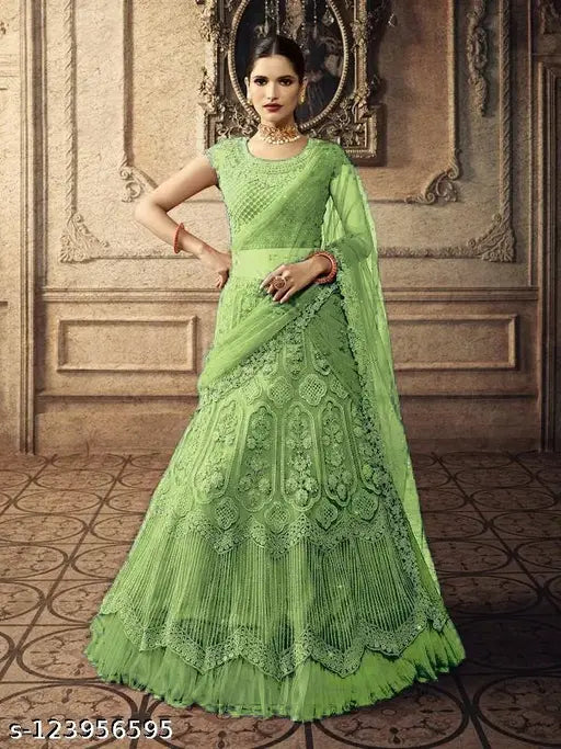 Silk and net embroidered Lehenga Choli with full sleeve and round neck, ideal for ethnic wear. Free size, 42" waist and length, 2m dupatta. Hand-wash, best quality product from India