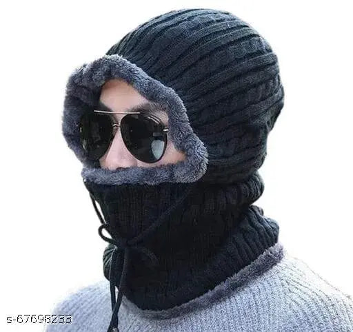 Black knitted winter beanie cap with a scarf, fleece material