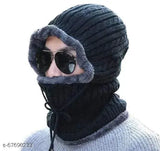 Black knitted winter beanie cap with a scarf, fleece material