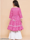 Fancy pink rayon printed anarkali kurta & sharara set with lace work, suitable for girls aged 4-14 years