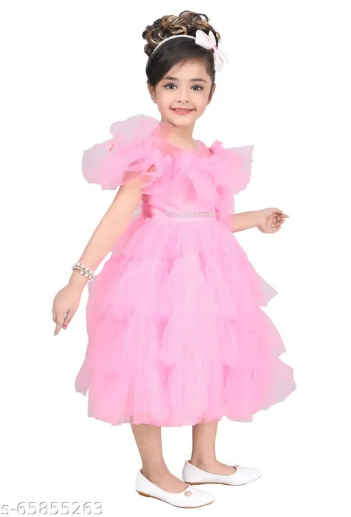 Pink tulle designer dress with ruffled sleeves, for girls