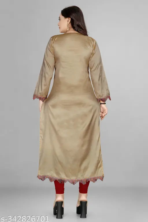 Silk, casual, women's long-sleeve pashmeena kurta with embroidered details