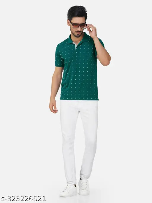 Blue cotton blend men's polo t-shirt, short sleeves, printed pattern, size M (40in chest, 27.5in length), made in India