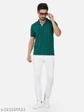 Blue cotton blend men's polo t-shirt, short sleeves, printed pattern, size M (40in chest, 27.5in length), made in India
