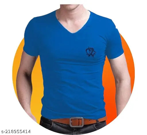 Blue 100% polyester v-neck men's t-shirt with chest pocket.