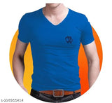 Blue 100% polyester v-neck men's t-shirt with chest pocket.