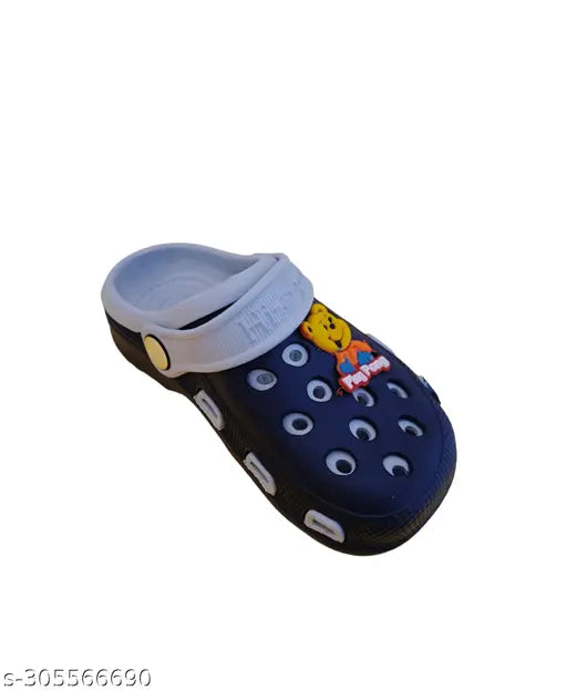 Comfortable blue children's clog with cartoon character and strap closure