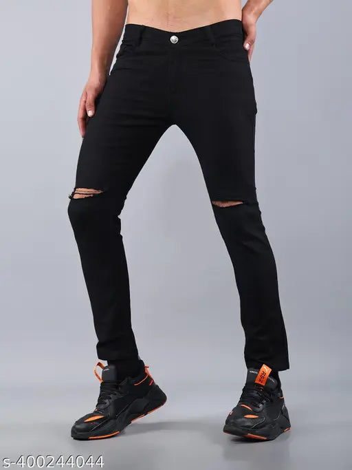 Black stretchable mid-rise denim jeans for men, black knee cut design, solid pattern on form fitting figure