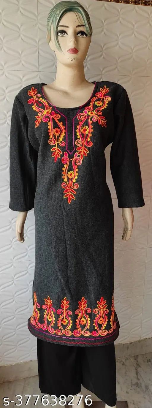 Black woolen kurta with embroidered neckline and border