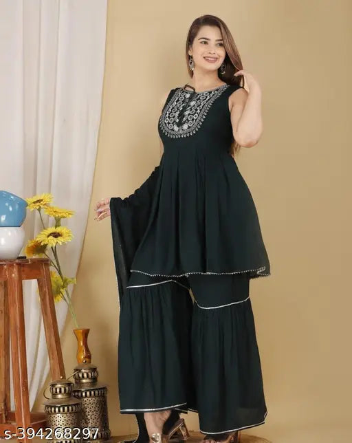 Green rayon kameez with sharara and dupatta set
