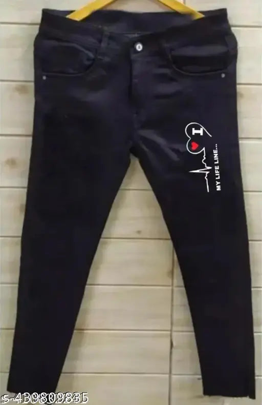Black cotton jeans for men, placement print party wear and casual jeans (30", 32") - India