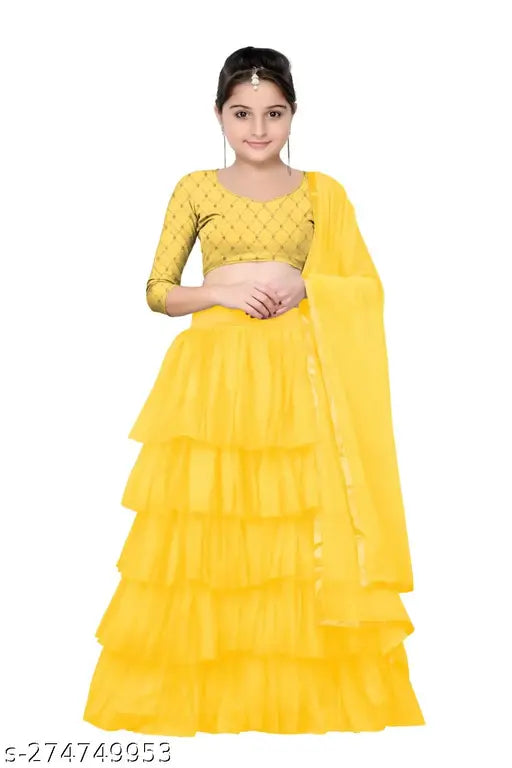 Sagittarius satin-net lehenga choli for kids, embroidered ruffle design, semi-stitched quality product from India (Lehenga: 21-36 in waist, 21-36 in length)