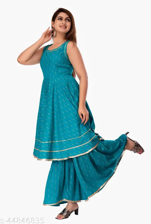 Blue rayon kurta set, flared design, gold print, women's fashion