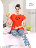Portland rib cotton night suit set, printed short sleeve t-shirt and pyjamas for women