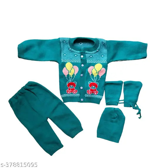 Wool winter set for newborns: printed net design, sleeves long, 4 pieces (0-3M, 0-6M, 3-6M), India origin