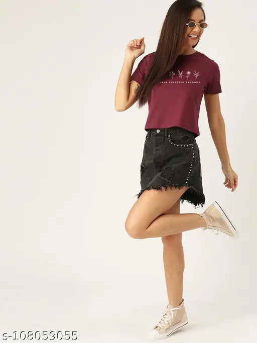 Istyle Can cotton round neck half sleeve crop top, printed pattern on women's regular fit blended cotton shirt, machine washable