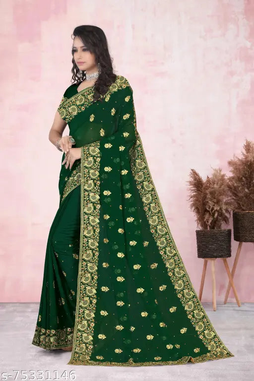 Green saree with gold embroidery