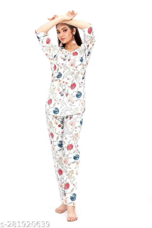 Vibrant vegetable block print nightwear set, 100% pure cotton for comfort and casual wear, girls and women's coordinated top and bottom set by Jaipur Export