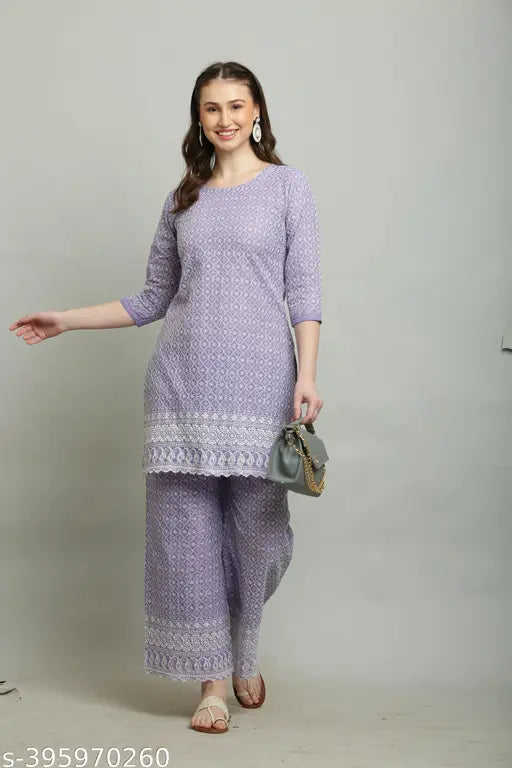 Purple cotton kurta with palazzo set, printed net design, three-quarter sleeves - Indian women's fashion