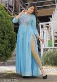 Rayon Nyra Cut kurti with embroidery, solid color for women's fashion, three-quarter sleeves on mannequin