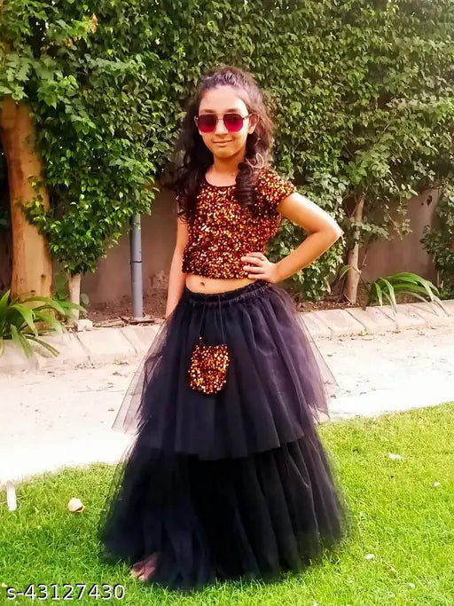 Acrylic and net lehenga choli for girls, checked top with long sleeves, trendy ethnic party wear from India
