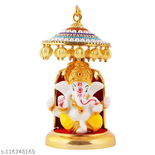 Marble & polyresin Ganesh idol statue, gold-plated umbrella chatri. Spiritual decor for cars, offices, or pooja mandirs." (97 characters)