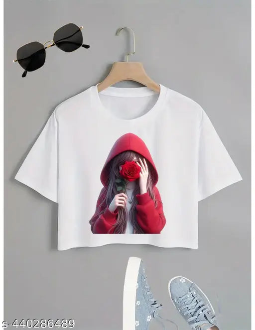 White cropped crop top t-shirt for girls, polyester with printed net pattern by Crze Fashion