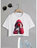 White cropped crop top t-shirt for girls, polyester with printed net pattern by Crze Fashion