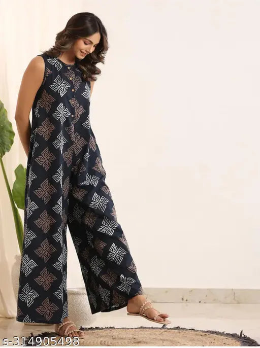 FCV rayon printed jumpsuit for women, sleeveless, vibrant Indian print on display rack