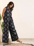FCV rayon printed jumpsuit for women, sleeveless, vibrant Indian print on display rack