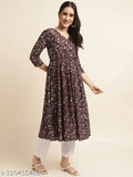 Rayon wine Anarkali printed women's kurti, three-quarter sleeves, vibrant ethnic motifs, India origin