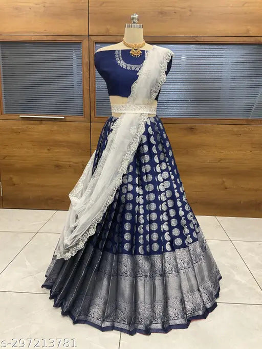 South Indian Zari Unstitched Art Silk Half Saree with Embroidered Choli, Lichi Silk Blouse, and Net Dupatta, adorned with lace and belt, ready to ship