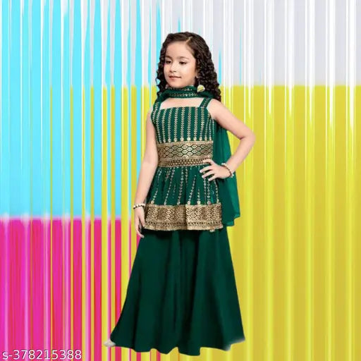 Parrot green crepe kurta set with dupatta and bottomwear - Embellished Indian attire for kids aged 2-11 years