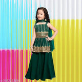 Parrot green crepe kurta set with dupatta and bottomwear - Embellished Indian attire for kids aged 2-11 years
