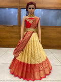 New traditional kids half saree in litchi silk, unstitched lehenga with chevron stitch, free size, 3.6M length, India-made