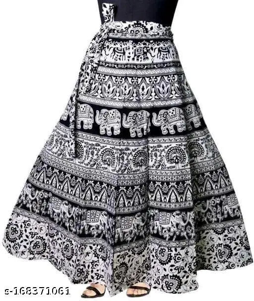 Long, ethnic-style skirt with intricate black paisley pattern and a high waist