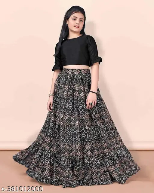 Rayon kids choli dress set, ethnic motif heavy lehenga for girls party wear