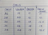 Kids jackets on display, size chart from 26 - 48 inches