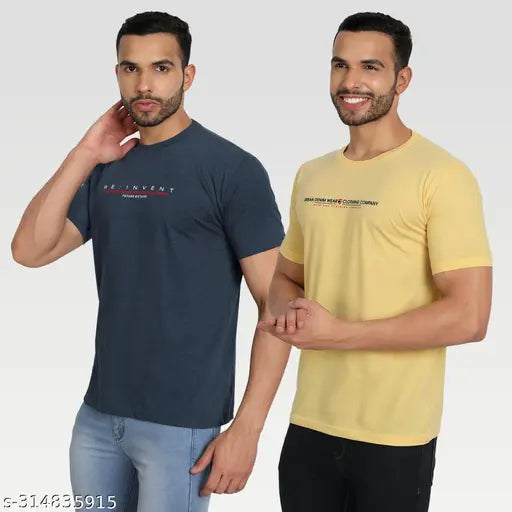 Yellow cotton blend round neck Zeffit mens typography t-shirts pack 2, ideal for casual or formal wear with short sleeves. Two sizes included: M (36in x 26in) and L (38in x 27in). Made in India