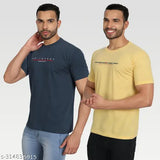 Yellow cotton blend round neck Zeffit mens typography t-shirts pack 2, ideal for casual or formal wear with short sleeves. Two sizes included: M (36in x 26in) and L (38in x 27in). Made in India