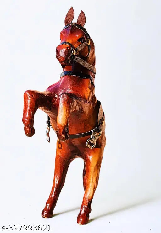 Brown wood & metal jumping horse set, handcrafted Indian decorative showpiece for home or gift