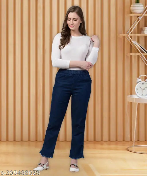 Dark blue stretchable premium denim side buttoned jogger jeans for women