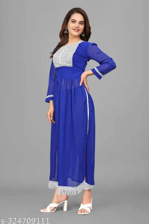 Georgette embroidered kurti blur, single-tone Indian three-quarter sleeve fashion for women