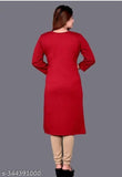A long, red, woolen kurti with a fleece lining for regular wear and fashionable design by a designer, suitable for winter wear and embroidered