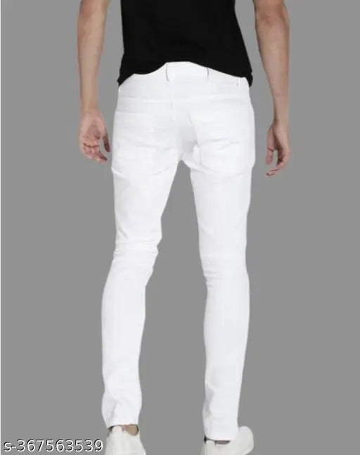 Denim, plain white Mod Men jeans for men. Solid-colored denim jeans on mannequin